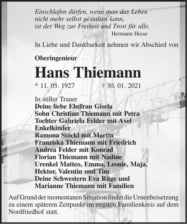 Traueranzeige Hans Thiemann