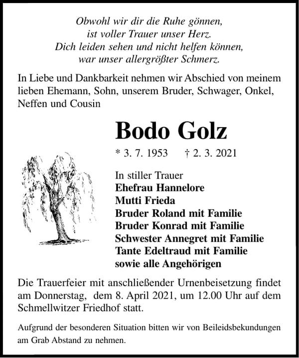 Traueranzeige Bodo Golz