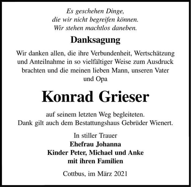 Danksagung Konrad Grieser