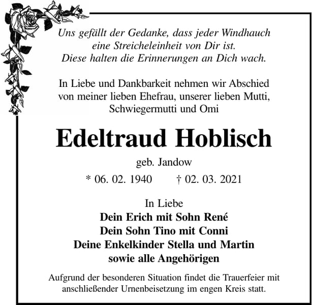Traueranzeige Edeltraud Hoblisch, geb. Jandow