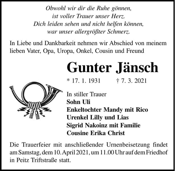 Traueranzeige Gunter Jänsch