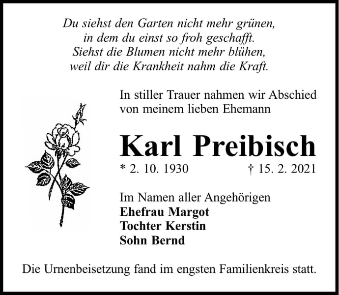 Traueranzeige Karl Preibisch