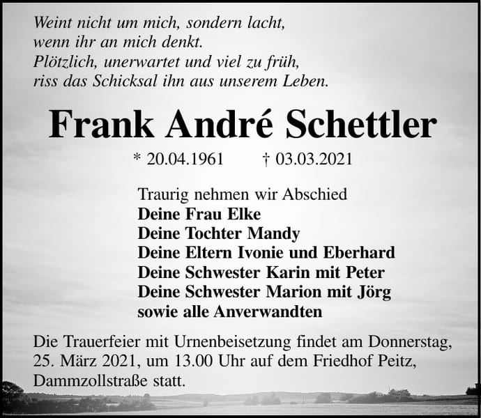 Traueranzeige Frank André Schettler