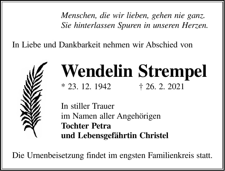 Traueranzeige Wendelin Strempel