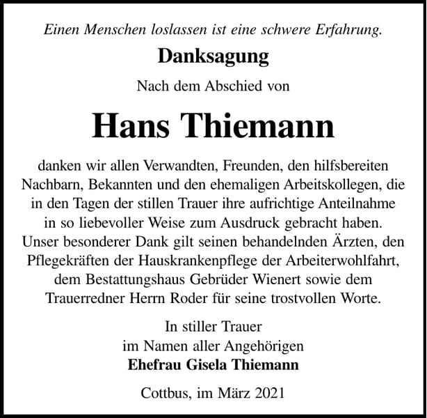 Danksagung Hans Thiemann