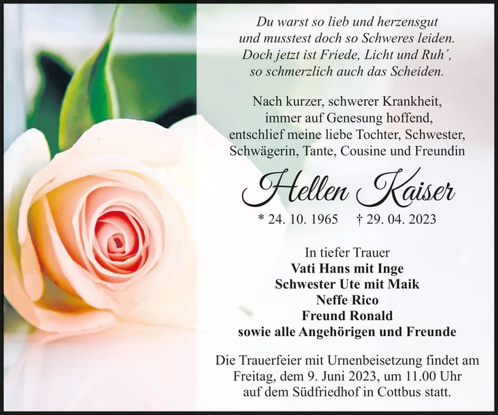 Traueranzeige Hellen Kaiser