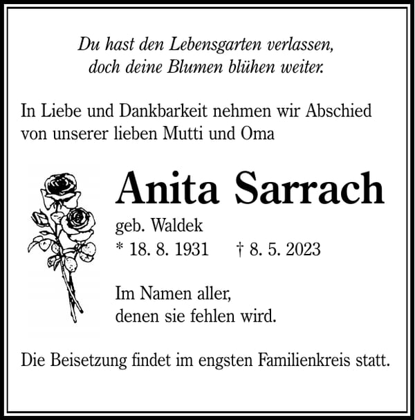Traueranzeige Anita Sarrach, geb. Waldek