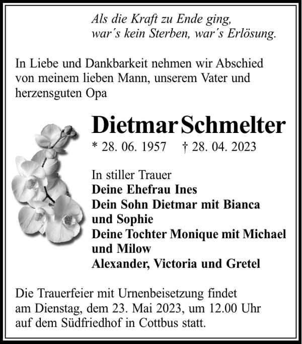 Traueranzeige Dietmar Schmelter