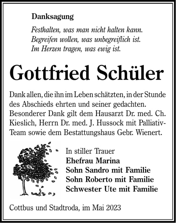Traueranzeige Gottfried Schüler