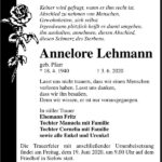 Traueranzeige Annelore Lehmann, geb. Pfarr