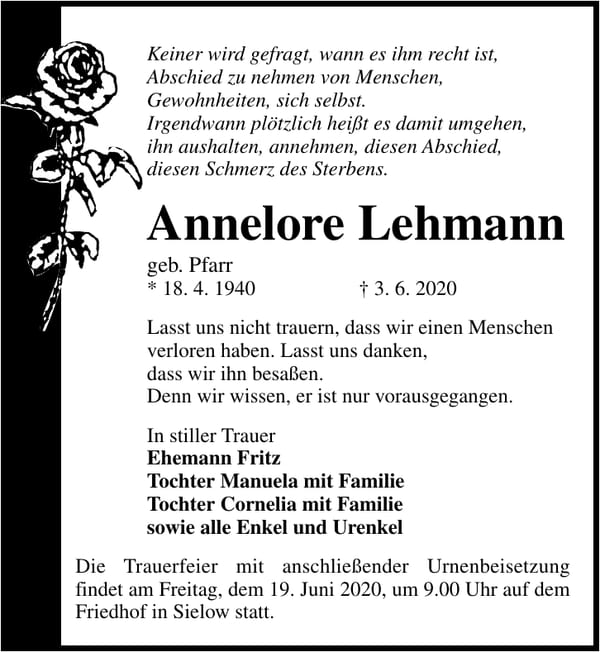 Traueranzeige Annelore Lehmann, geb. Pfarr