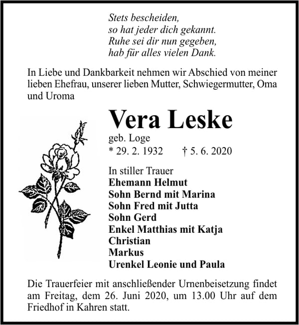 Traueranzeige Vera Leske, geb. Loge