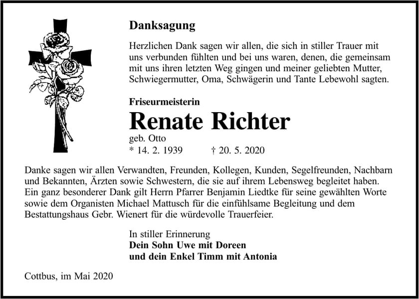 Danksagung Renate Richter, geb. Otto