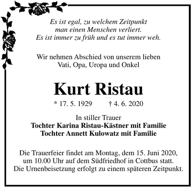 Traueranzeige Kurt Ristau