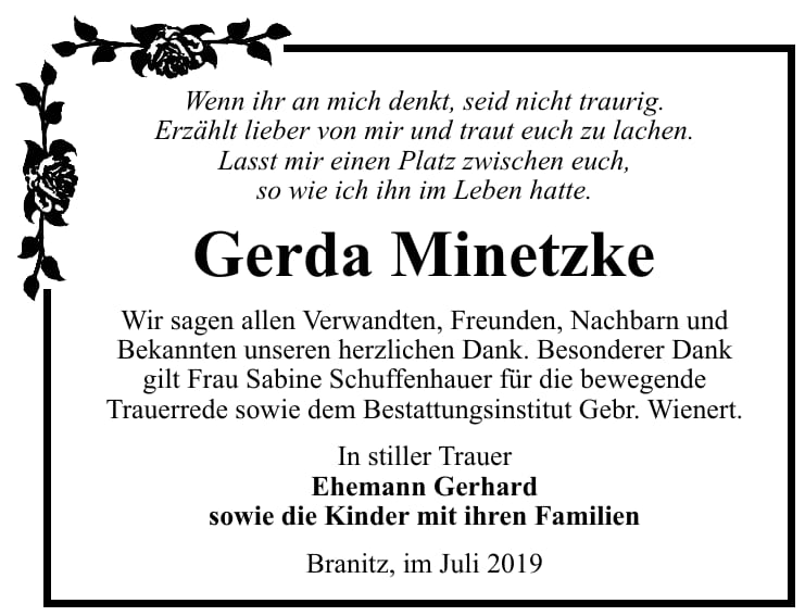 Traueranzeige Gerda Minetzke
