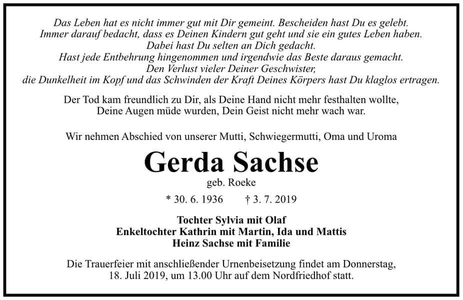 Traueranzeige Gerda Sachse, geb. Roeke