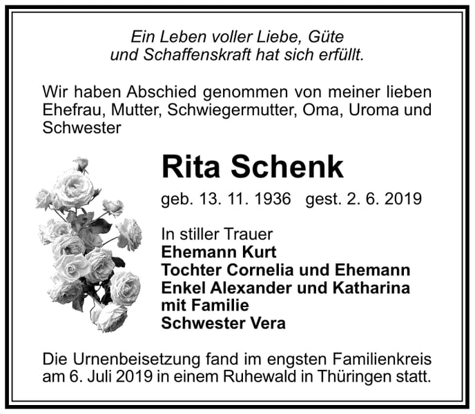 Traueranzeige Rita Schenk
