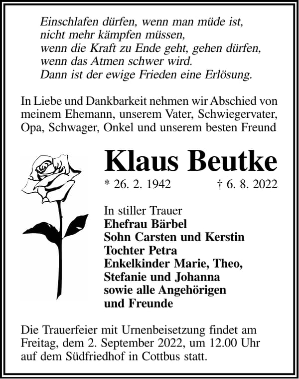 Traueranzeige Klaus Beutke