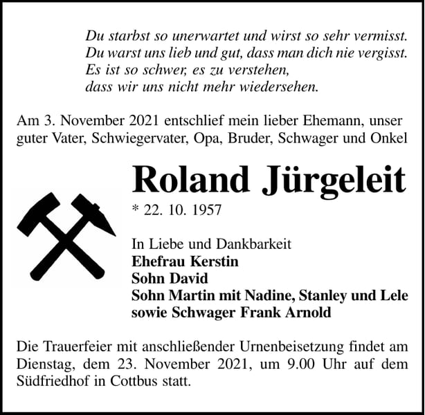 Traueranzeige Roland Jürgeleit