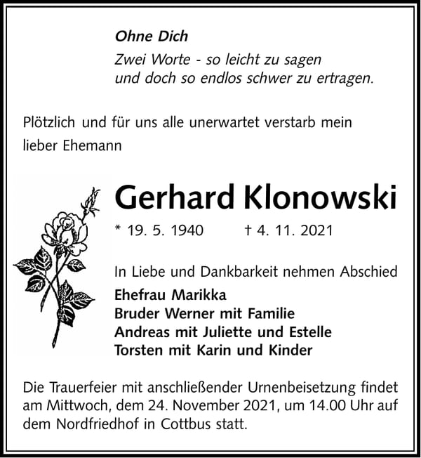 Traueranzeige Gerhard Klonowski