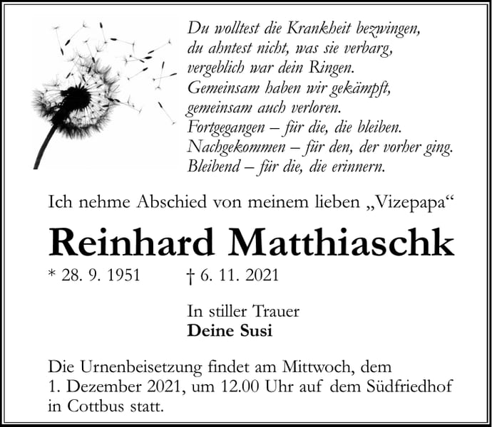 Traueranzeige Reinhard Matthiaschk