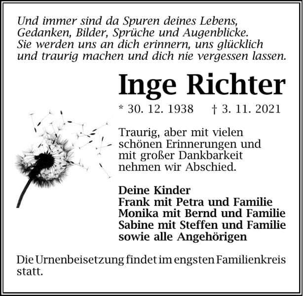 Traueranzeige Inge Richter