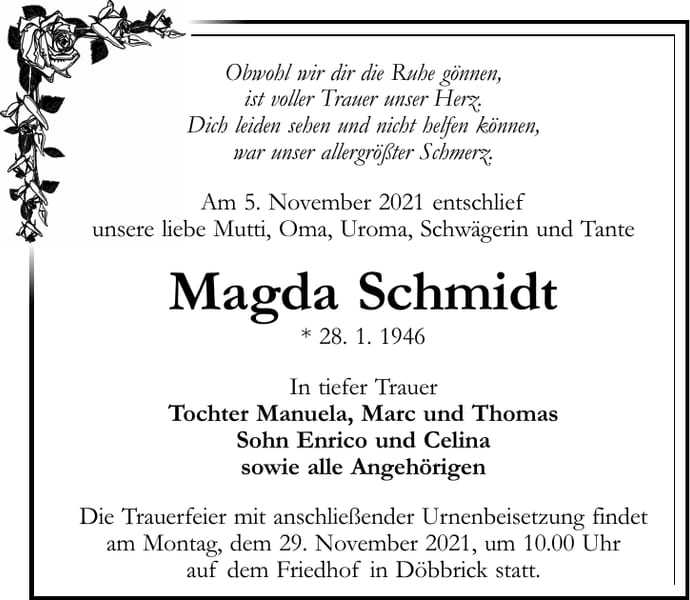 Traueranzeige Magda Schmidt
