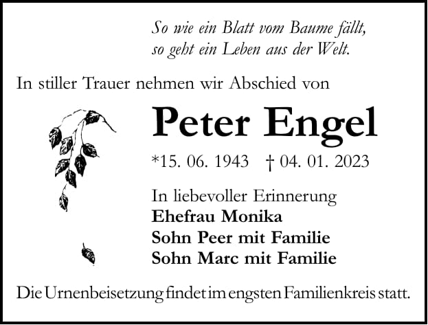Traueranzeige Peter Engel