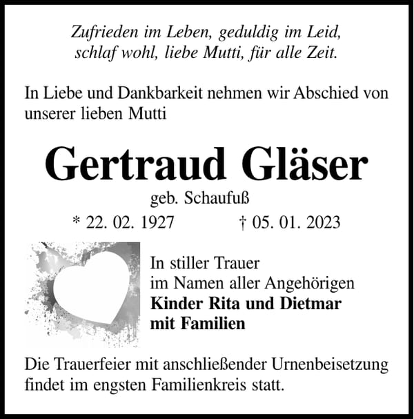 Traueranzeige Gertraud Gläser, geb. Schaufuß