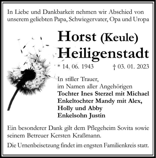 Traueranzeige Horst (Keule) Heiligenstadt