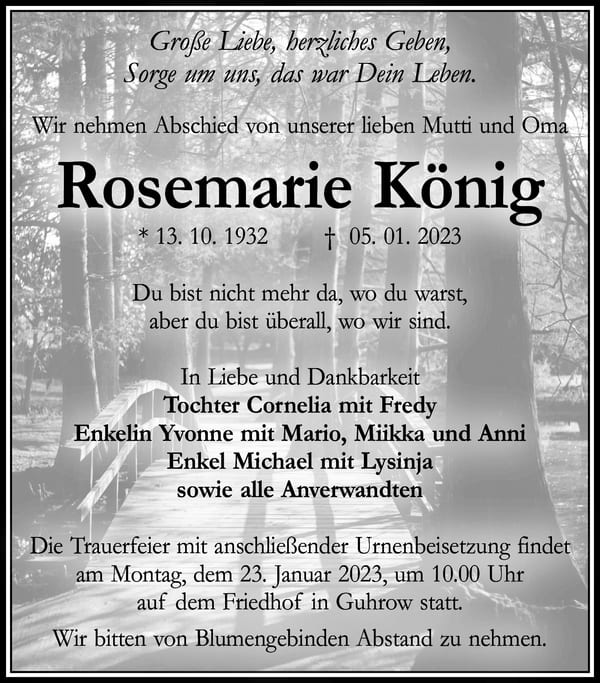 Traueranzeige Rosemarie König