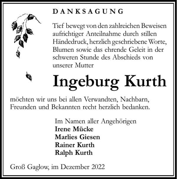 Danksagung Ingeburg Kurth