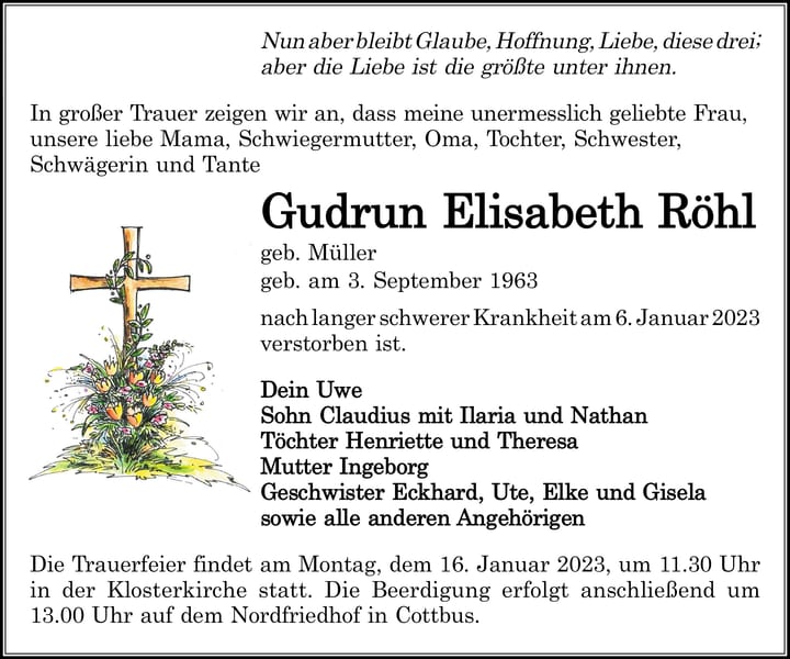 Traueranzeige Gudrun Elisabeth Röhl, geb. Müller