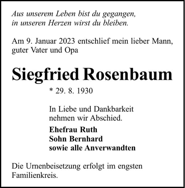 Traueranzeige Siegfried Rosenbaum