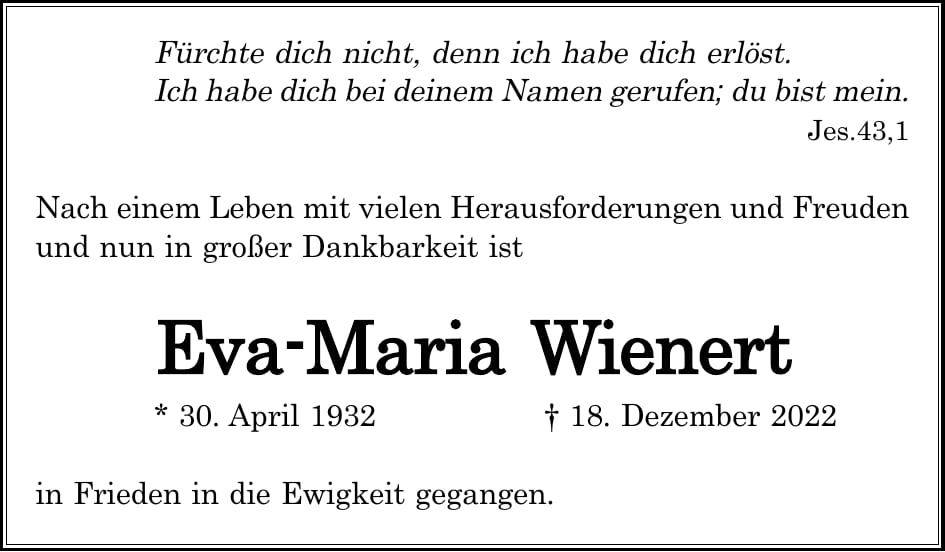 Traueranzeige Eva-Maria Wienert
