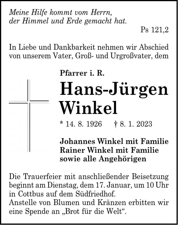 Traueranzeige Hans-Jürgen Winkel