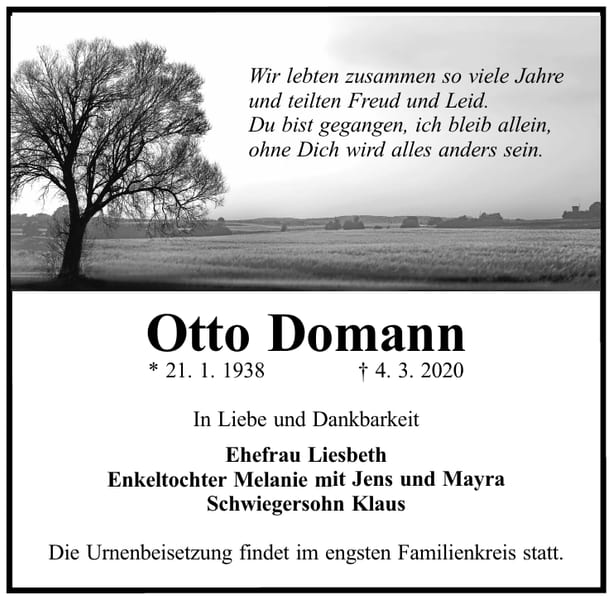 Traueranzeige Otto Domann