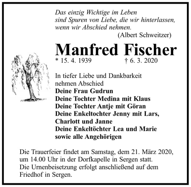 Traueranzeige Manfred Fischer