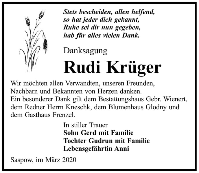 Danksagung Rudi Krüger
