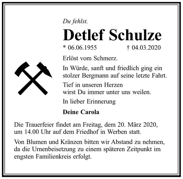 Traueranzeige Detlef Schulze