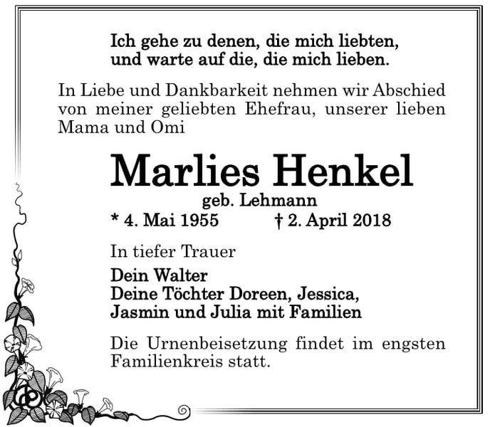 Traueranzeige Marlies Henkel geb. Lehmann