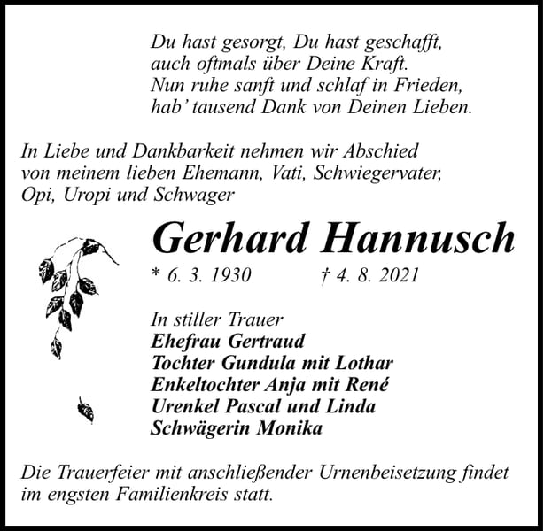 Traueranzeige Gerhard Hannusch