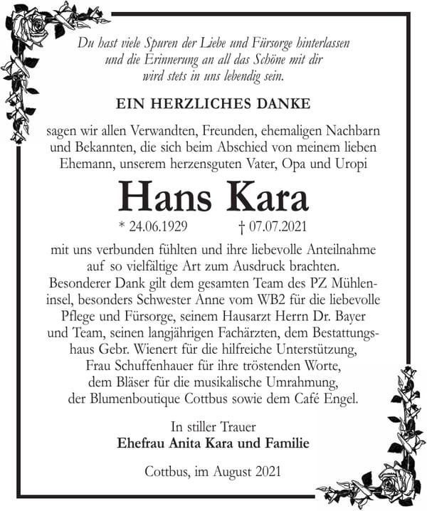 Danksagung Hans Kara