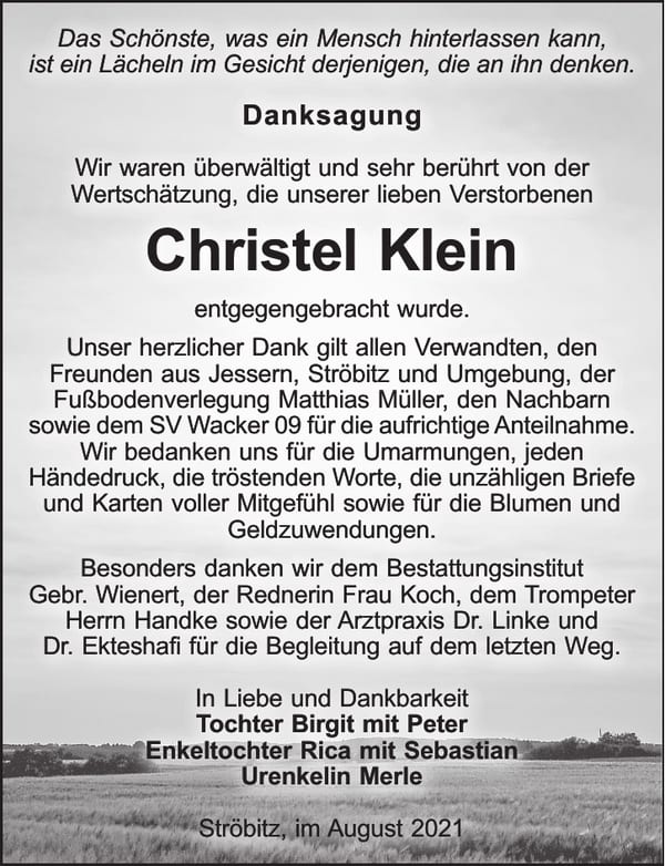Danksagung Christel Klein