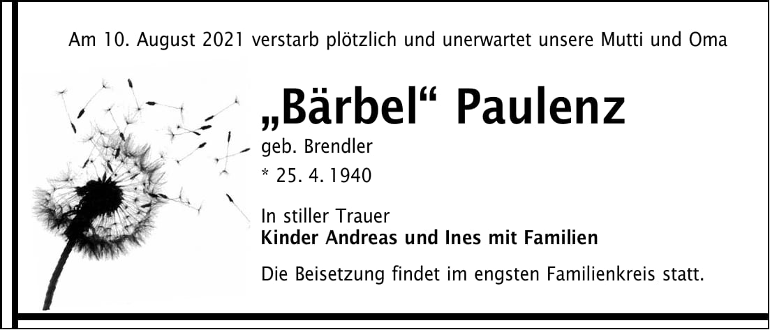 Traueranzeige „Bärbel“ Paulenz, geb. Brendler