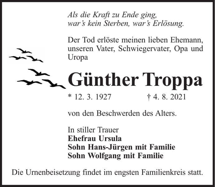 Traueranzeige Günther Troppa