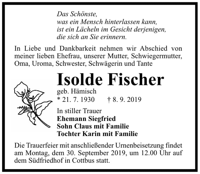 Traueranzeige Isolde Fischer, geb. Hämisch