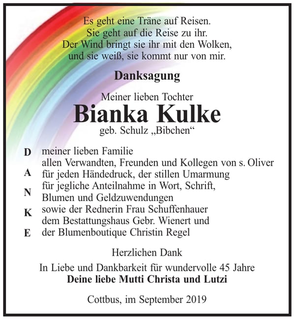 Danksagung Bianka Kulke, geb. Schulz