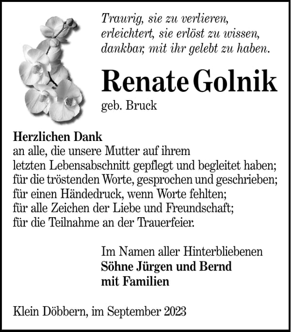 Danksagung Renate Golnik, geb. Bruck