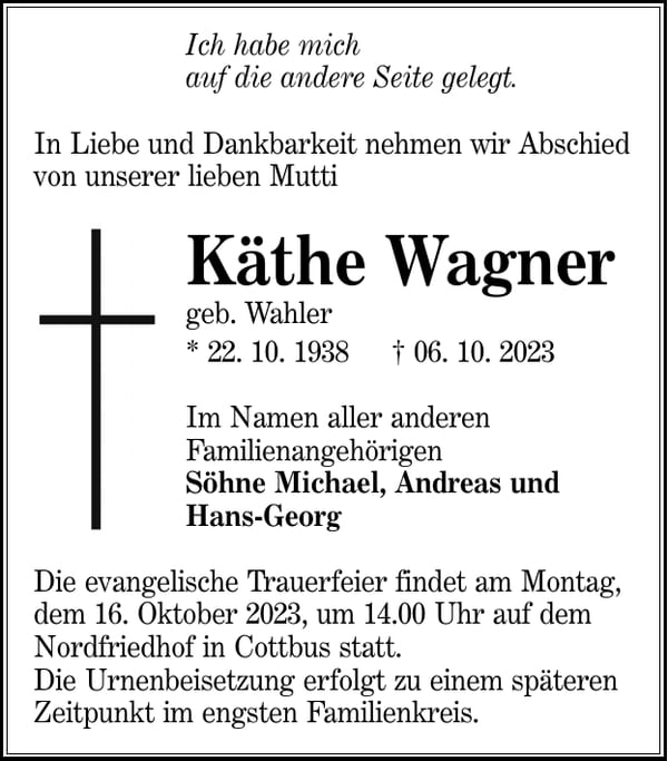 Traueranzeige Käthe Wagner, geb. Wahler